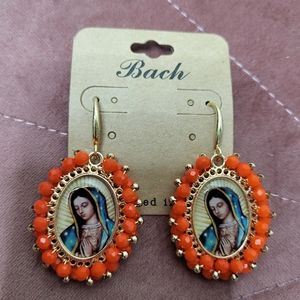 Virgin Mary Bach Beaded Stone Coral Earrings